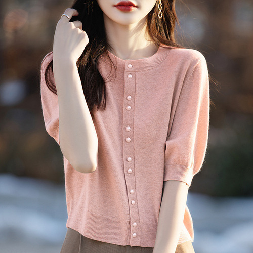 Vintage Round Neck Pearl Button Short Sleeve Knit Top for Women, Summer Thin Design Sensory Fitted Short Sleeve Slimming Open Shirt