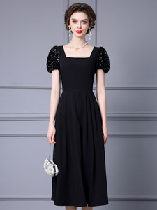 Sequin bubble sleeves high waisted large hem skirt