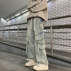 美式高街多口袋工装牛仔裤男士春秋季新款宽松直筒阔腿男生长裤子
