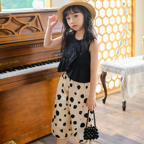 2024 summer new Korean style girls lotus leaf vest, stylish polka dot bloomers, fashionable two-piece set, dropshipping