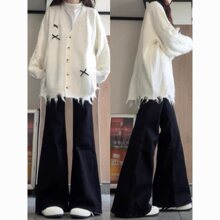 秋春夏新款慵懒风领开衫针织外套背心微喇叭牛仔裤潮