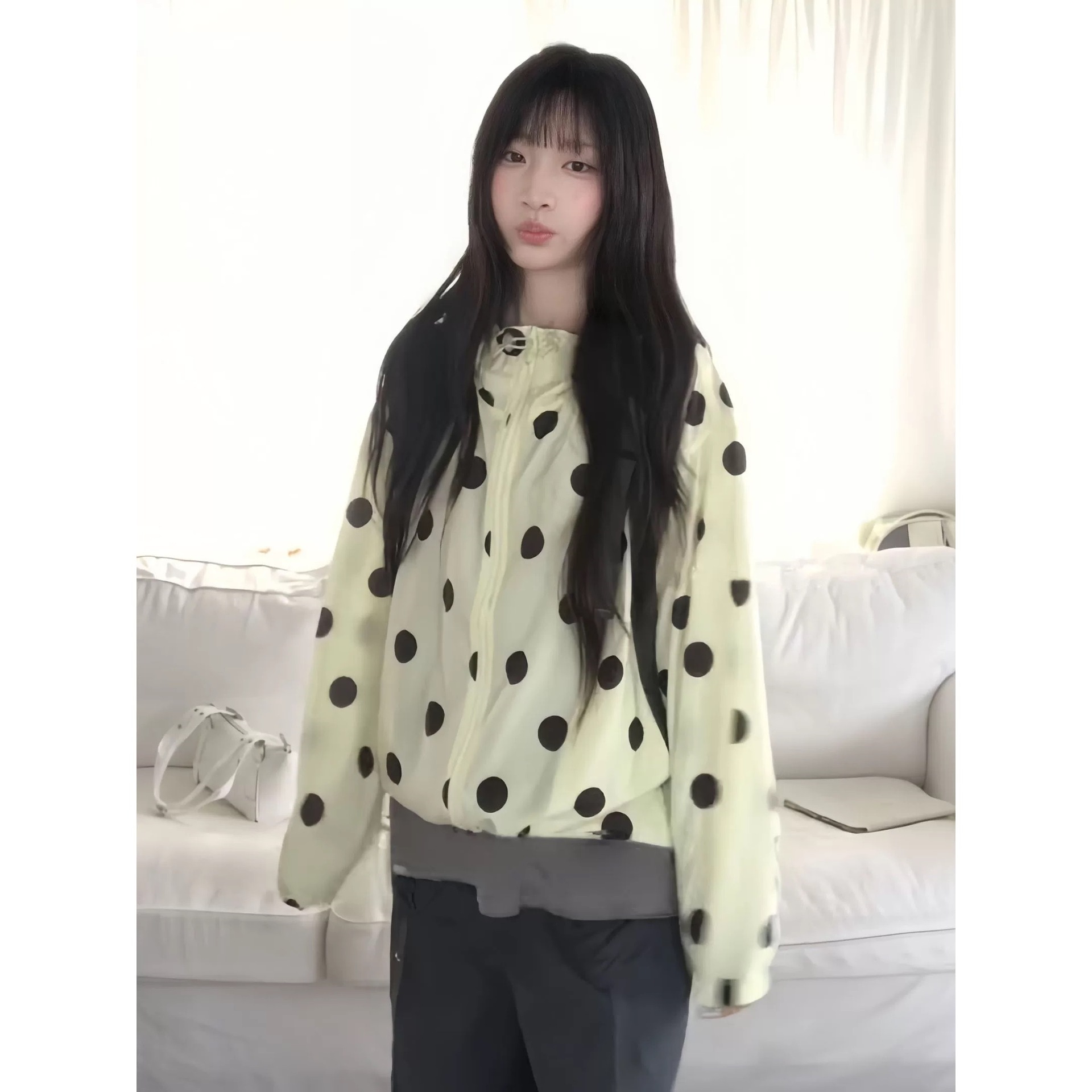 Super cute color-blocked polka dot hooded sun protection jacket for women, perfect for summer. Lightweight, breathable, loose fit, and workwear style.