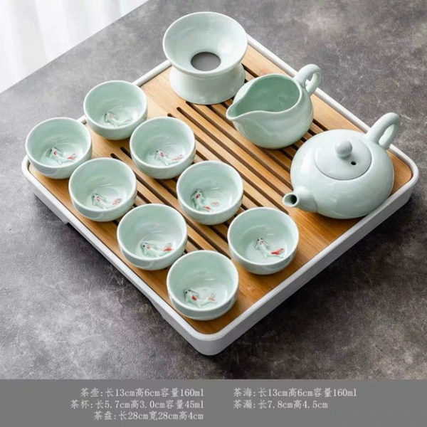 ∥№∩♀π Celadon Goldfish Teapot-28 Square White Plate⊙