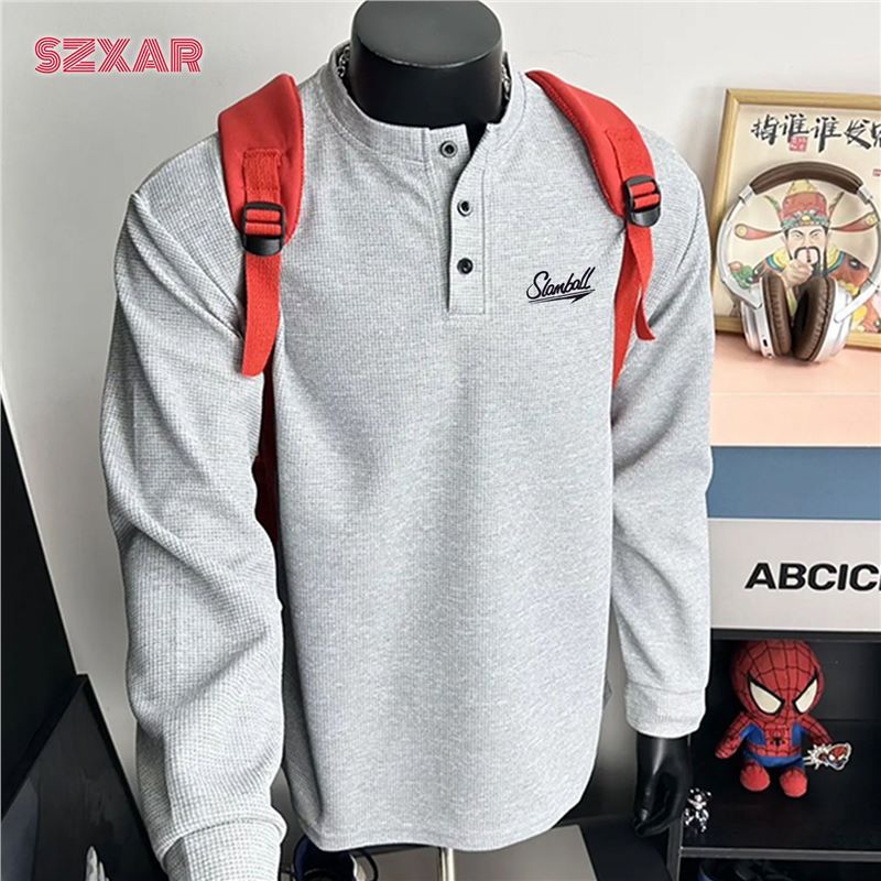 SLAMBALL gray henley collar long-sleeve t-shirt for men, spring and autumn American style, regular shoulder, base layer, waffle knit sweatshirt