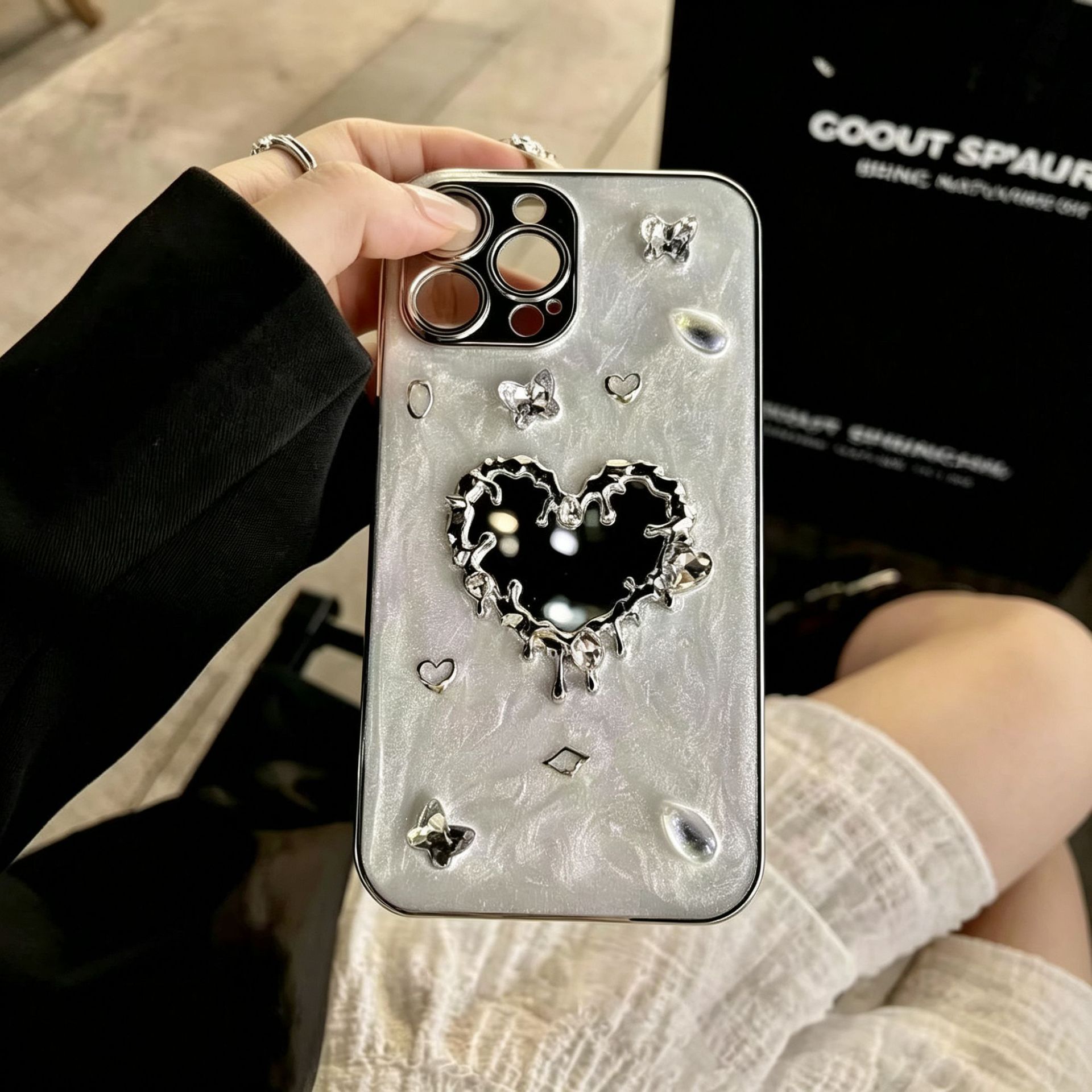 适用苹果18promax手机壳iphone17pro闪钻爱心镜子蝴蝶16/15新款14
