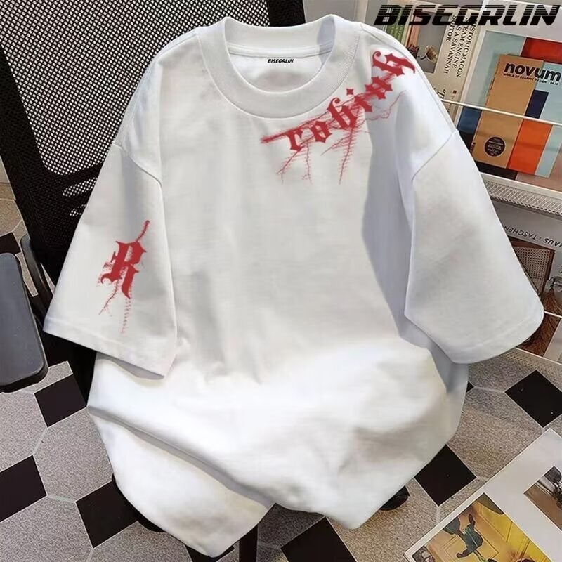 Heavy Weight Cotton Korean Style Retro Flame Printed Short-Sleeved T-Shirt Couple Style Summer Casual Trendy Ins Tops for Men and Women