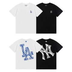 高バージョン.MLB チェッカーボード ロゴ プリント 春夏 男女兼用 多用途で快適なラウンドネック半袖 T シャツ