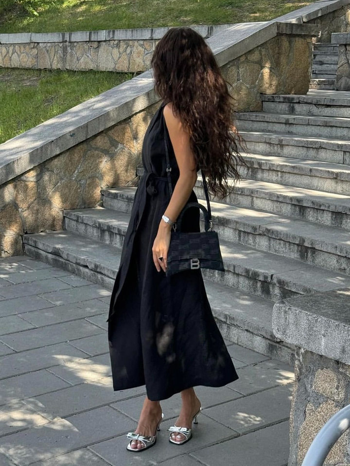Đầm sơ mi sát nách cổ bẻ thắt eo dây buộc phong cách Âu Mỹ — Màu be, Màu nâu, màu đen chi tiết 20