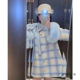 羽绒服2026狐狸毛斗篷外套女中长款大衣蝴蝶结简约格子拼色上衣
