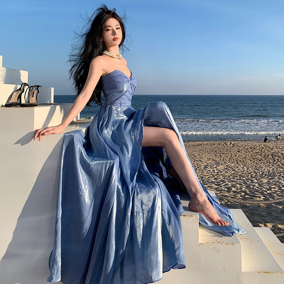 French style elegant tube top dress blue toast dress engagement birthday dress bride morning gown summer