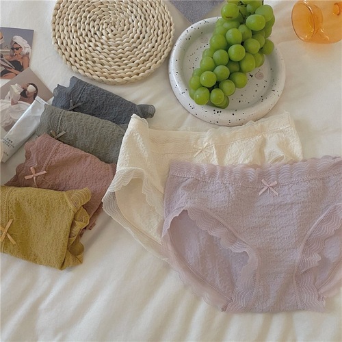 Milk Puff Soft and Highly Elastic Hip-covering Girls Day Sweet and Simple Solid Color Lace Trimmed Cotton Crotch Panties for Women
