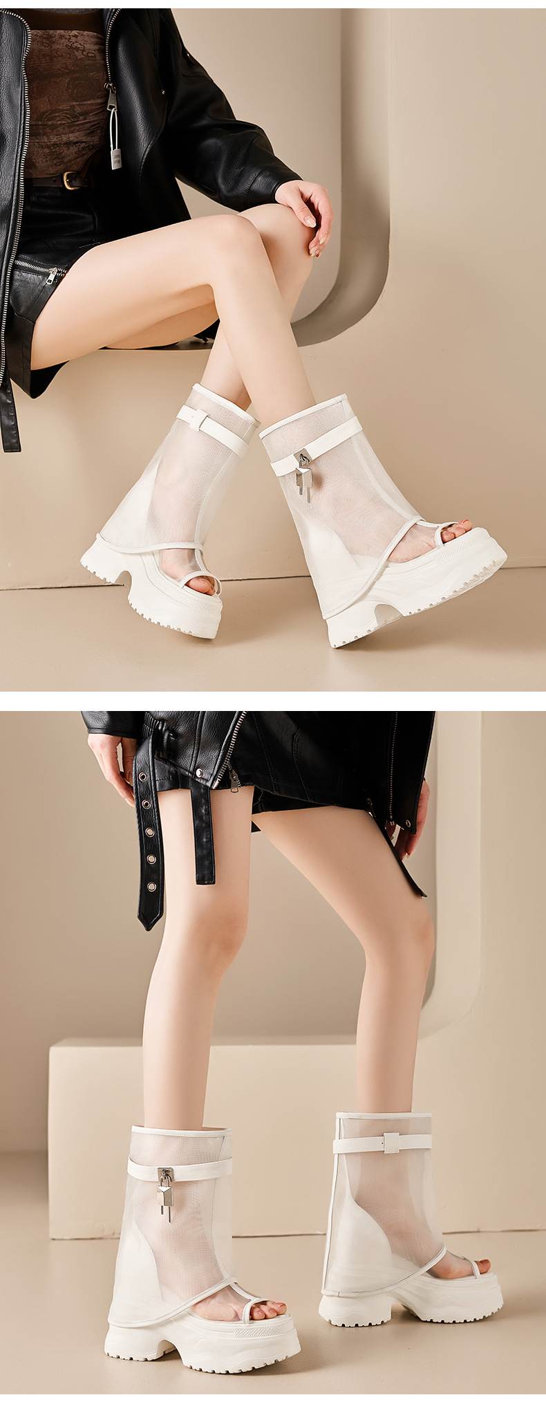Boot nữ cổ cao đế dày lưới thoáng khí phong cách rider — màu nâu, màu đen, Nâu có hình, màu trắng chi tiết 10