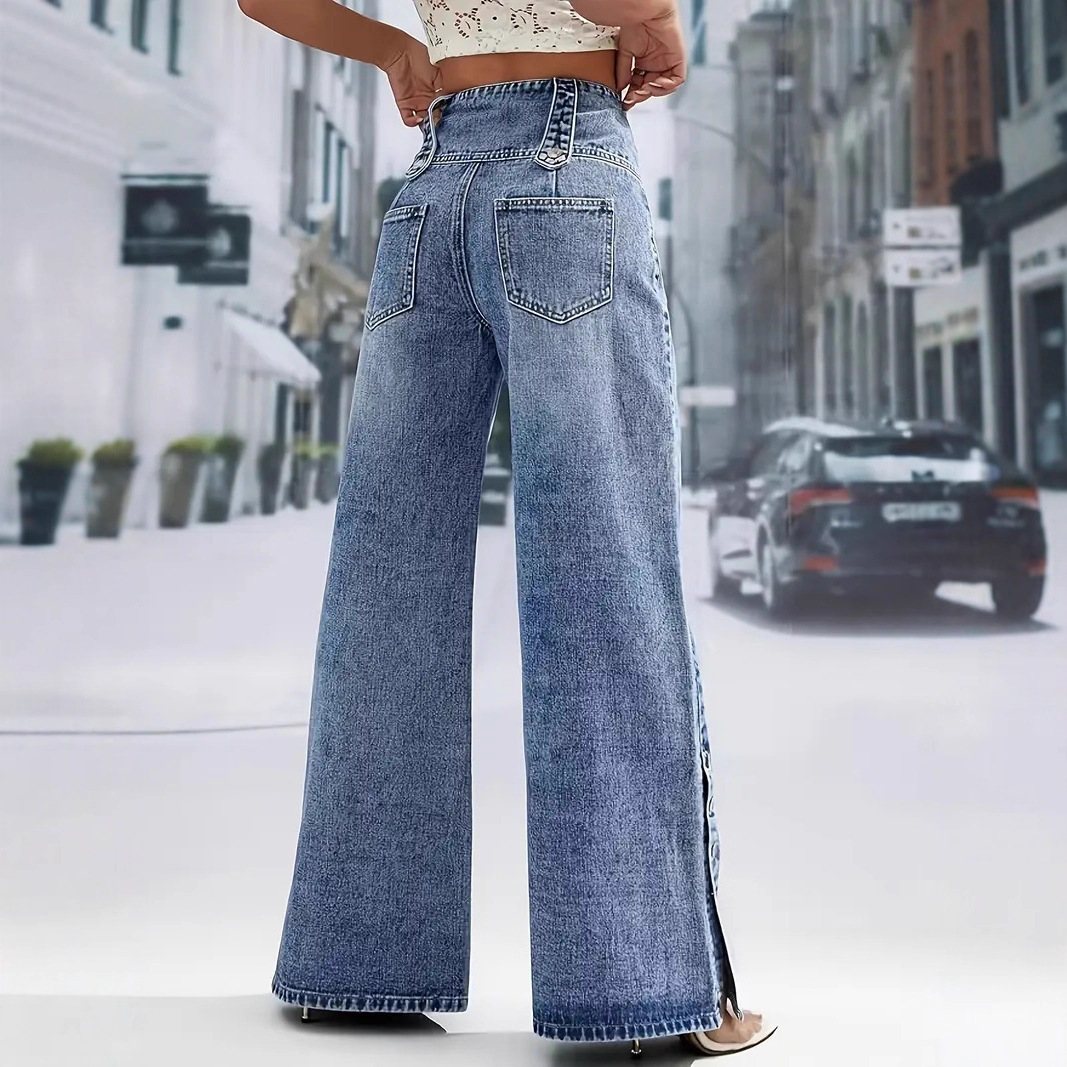 Jeans de Pierna Ancha de Mezclilla de Algodón con Tiro Alto y Apertura para Moda Urbana