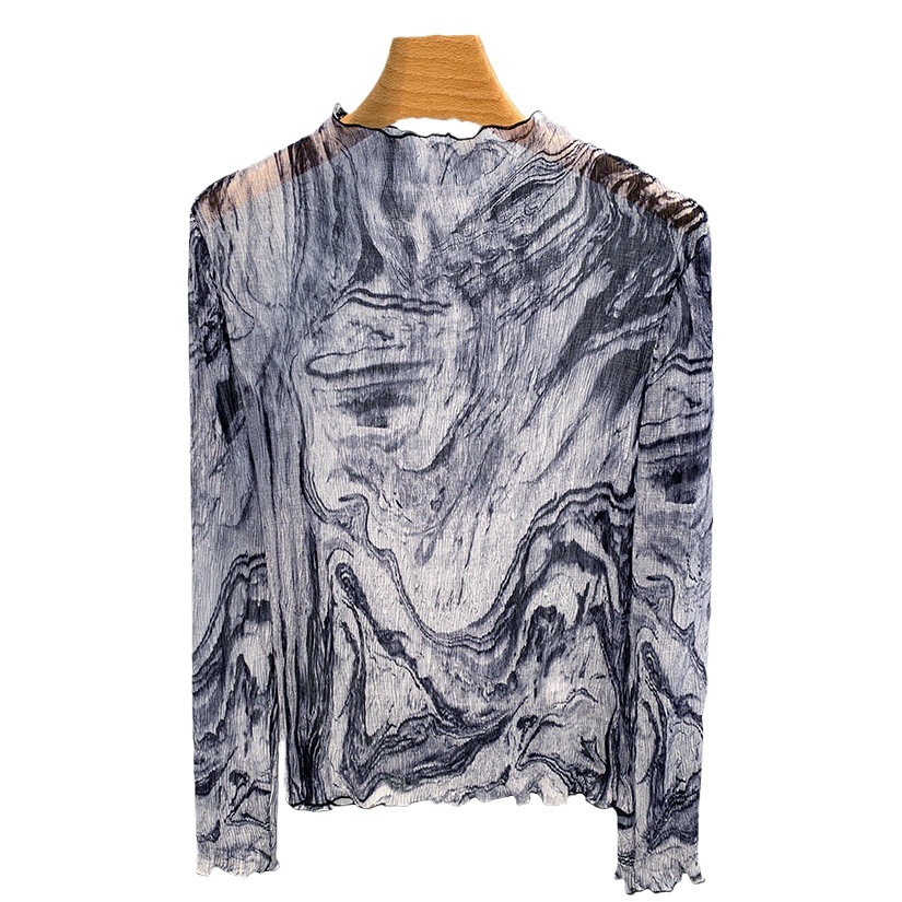 Camisa de fondo de malla de cuello alto para mujer 2023 nuevas mujeres estilo occidental camiseta impresa teñida con lazo top transparente image 1