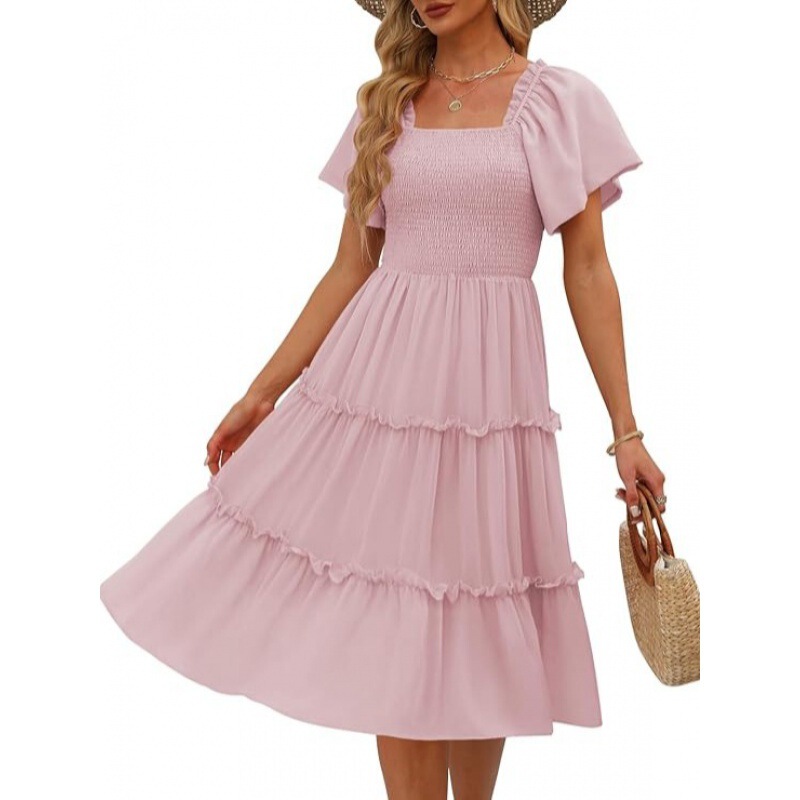2024 Women's Summer Casual Butterfly Sleeve Square Collar Pleated Midi dress