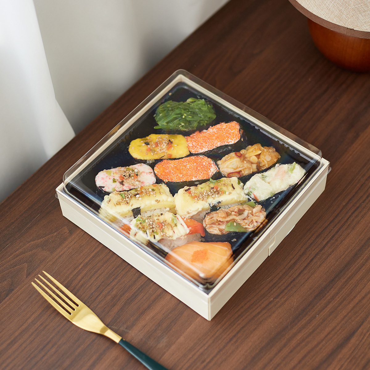 Caja de comida de madera desechable de alta calidad, caja de sushi japonesa, caja de comida para llevar, caja de embalaje de madera