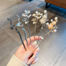 铁艺发簪~冰凉优雅金属珍珠簪子2022年新款夏季盘发花朵发钗批发