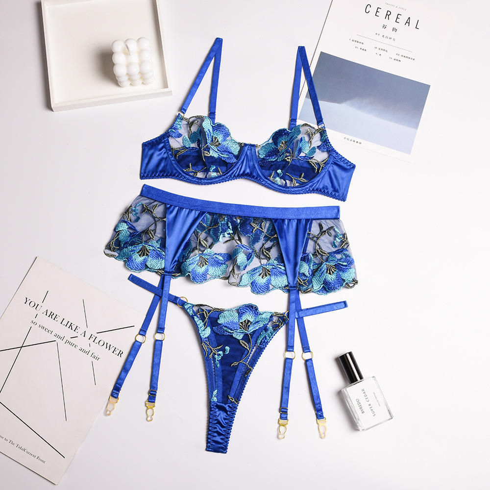 blue flower embroidery with steel ring gather underwear three-piece set  NSHLN120584