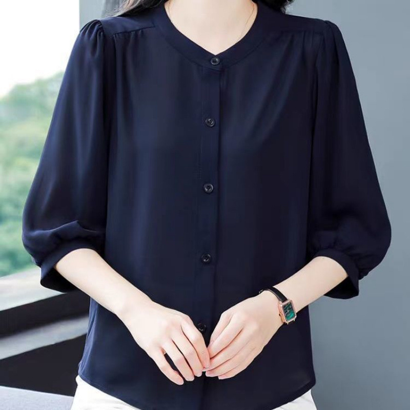 夏の新しいラウンドネック気質薄い痩身トップ無地韓国スタイル大きいサイズママ服女性のシャツお腹をカバー|undefined