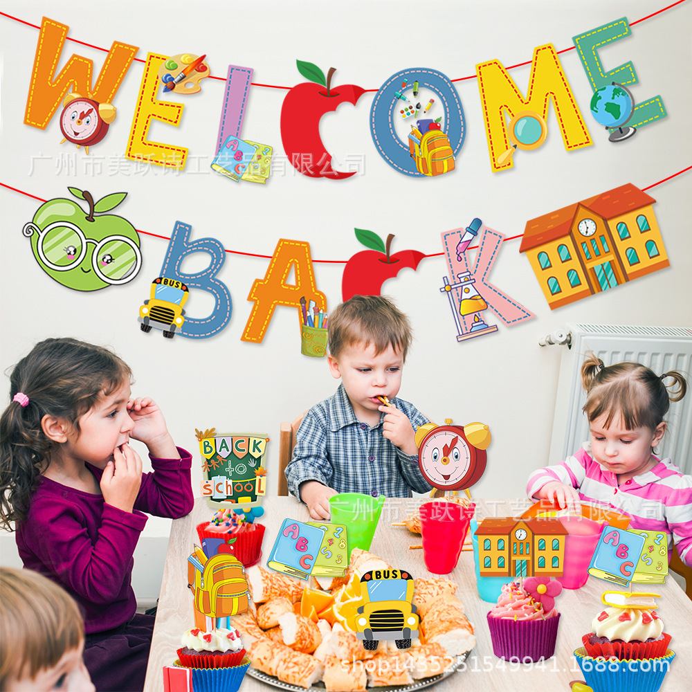 Suministros de decoración para fiestas de regreso a clases transfronterizos, pancartas de regreso a clases, adornos para pasteles, pancartas de decoración para la temporada de regreso a clases, adornos pequeños