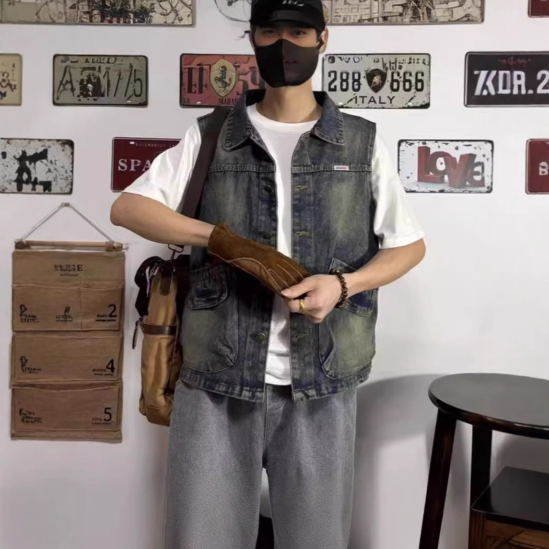 Spring and Summer Motorcycle Trendy Denim Vest Men's Loose Denim Jacket Men's American Style Retro Vest Sleeveless Vest