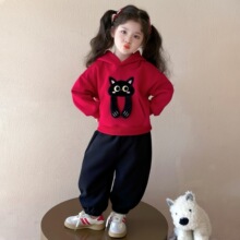 女小童秋装连帽套装2025新款宝宝猫咪卫衣春秋款小女孩运动两件套