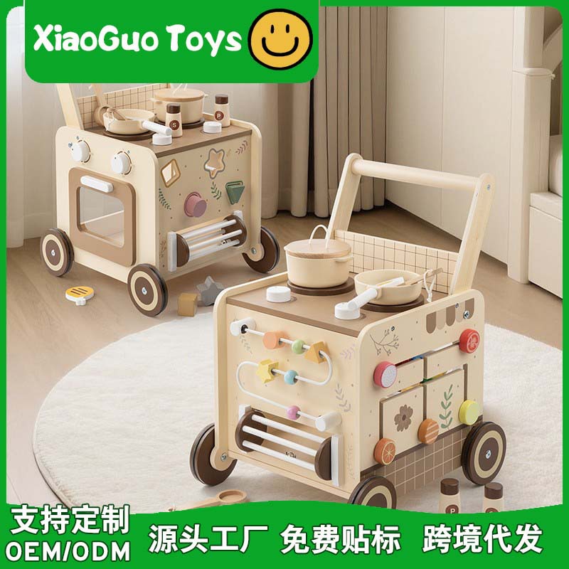 Madera infantil multifuncional cuentas de bloque de construcción carro de mano caminante infantil caminante juguetes de educación temprana