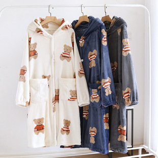 Couple's Pajamas Autumn and Winter Coral Fleece Men's and Women's Thickened fleece-lined Long Nightgown Flannel Warm Nightgown Cartoon