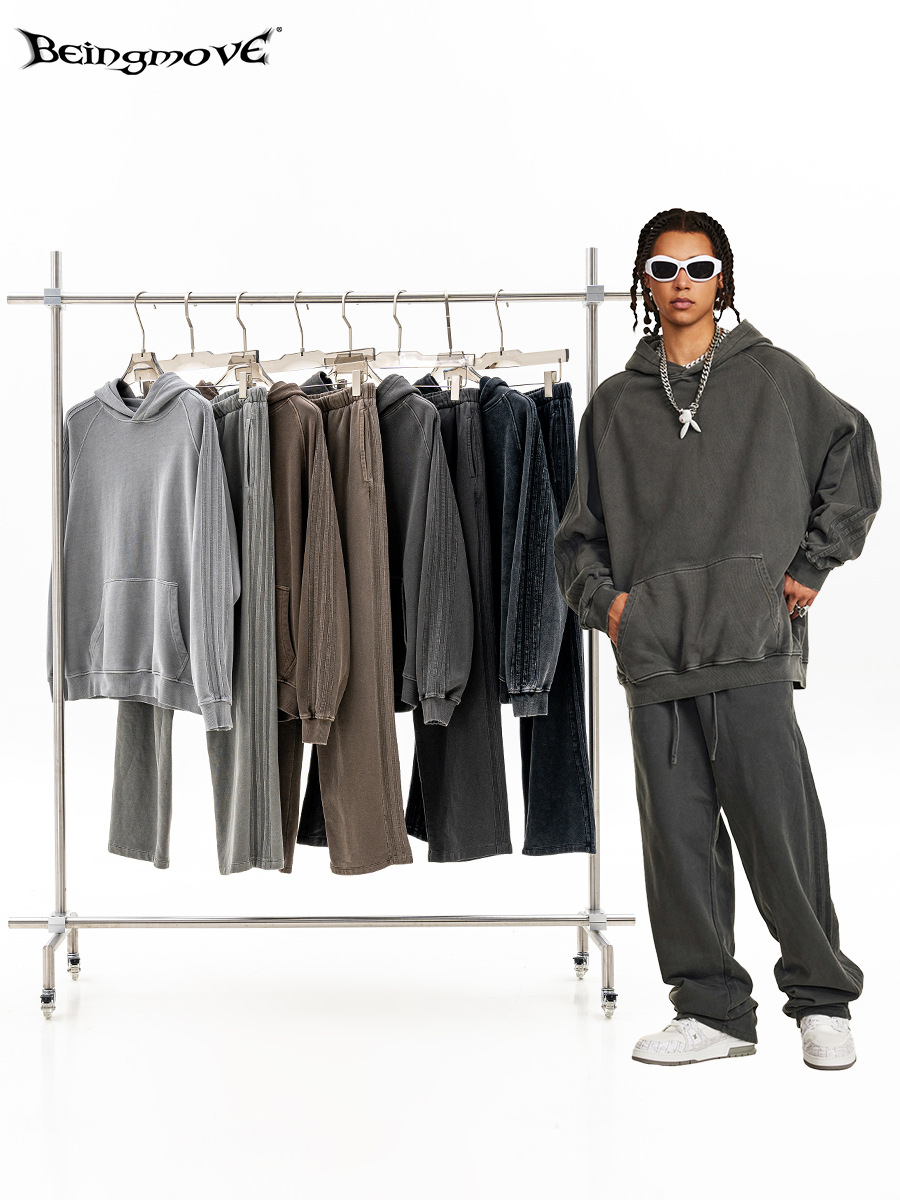 2025 marca de tendencia de otoño hacer viejos empalmes falsos dos camisetas de manga larga sueltas sudaderas con capuzas tres barras trajes deportivos para hombres
