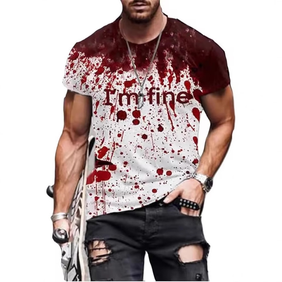 2024 venta caliente divertido eslogan manchado de sangre impresión 3D hombres personalidad de la calle suelta y transpirable camiseta de cuello redondo de manga corta