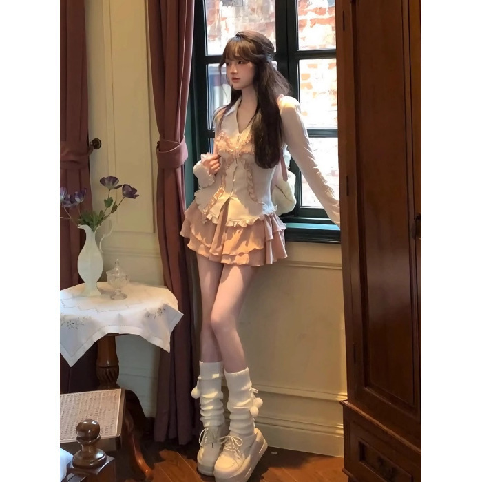 2025春秋季纯欲风套装女新款可爱甜美蕾丝蝴蝶结上衣+高腰半身裙|undefined