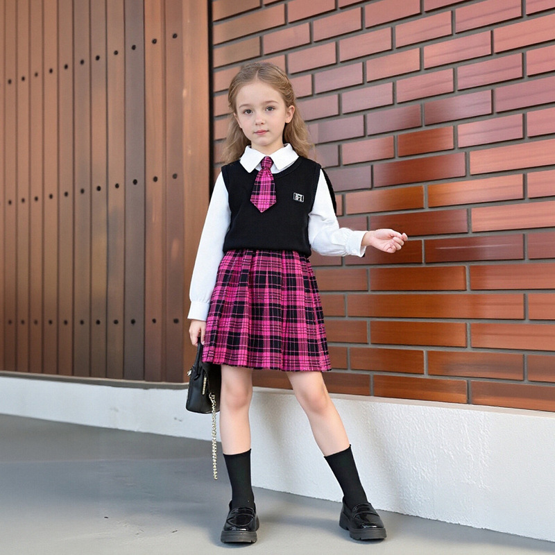 Girls' Preppy Style Four-Piece Set for Back-To-School Season, New Long-Sleeved Shirt, Vest, Plaid Pleated Skirt, Short Skirt, Tie Set Girls' Preppy Style Four-Piece Set for Back-To-School Season, New Long-Sleeved Shirt, Vest, Plaid Pleated Skirt, Short Skirt, Tie Set