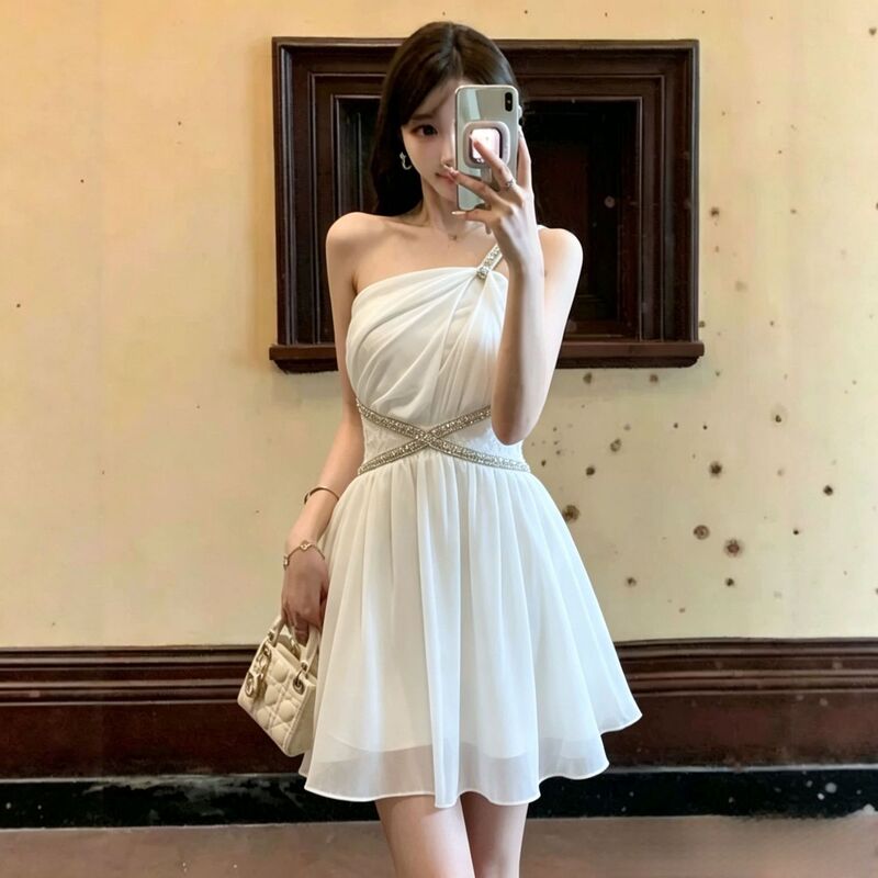 2026 Summer New Style One-Shoulder Suspender Dress for Women, High-End Fashionable Design, Stunning Mesh Dress