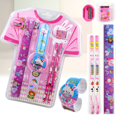 儿童卡通文具套装铅笔橡皮卷笔刀直尺拍拍表创意学习套装来图定制|ms