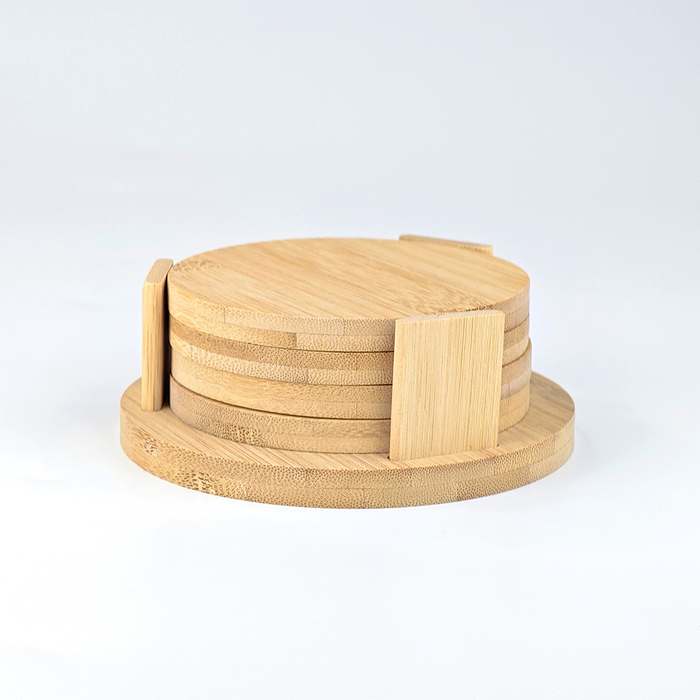 Nuevos productos de transferencia térmica bambú y madera taza cojín material conjunto redondo al por mayor