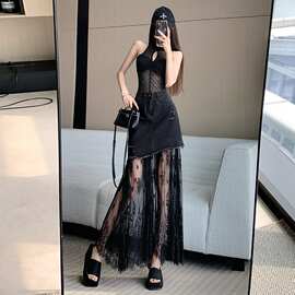 设计感黑色半身裙女夏季新款高腰中长款包臀裙气质蕾丝拼接a字裙