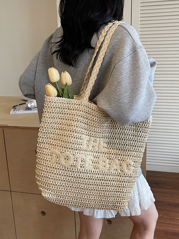 クロスボーダーレディースバッグ、パーソナライズされた刺繍文字、わら編みバッグ、レディース大容量レディーストートバッグ、文学ショルダーバッグ|undefined