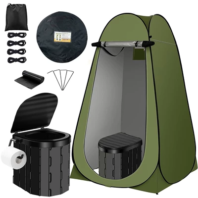 Outdoor Toilet, Removable Car Toilet, Camping Style Long-Distance High-Speed Self-Driving Emergency Folding Toilet Toilet Tent (Avtomobil dam çadırları) - 14m-window-green-tent-covered-version-black-toilet-1
