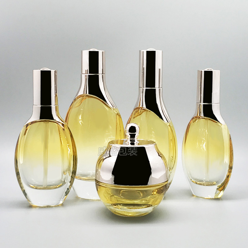 新款黄色玻璃瓶 扁化妆品套装瓶子现货  化妆品膏霜瓶子批发