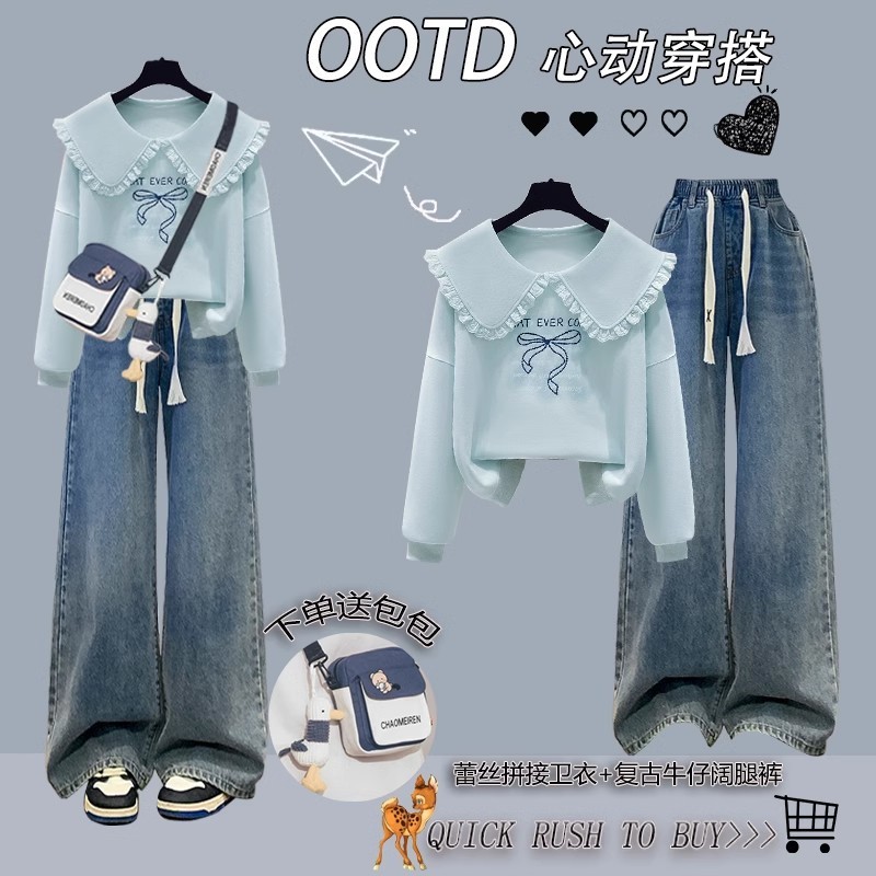 少女甜美学院风2025春装新款蕾丝拼接卫衣初高中学生休闲时尚套装