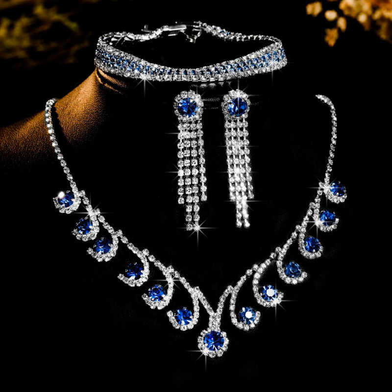 best selling bridal necklace set high end versatile crystal color clavicle chain earrings two piece set_voghion.com