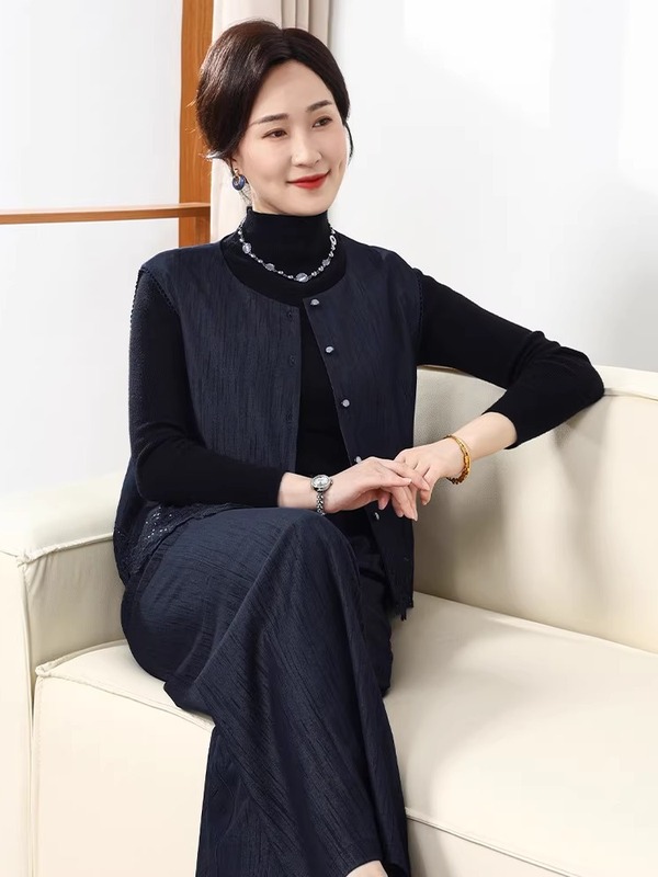 中老年上衣裤子时尚三件套马甲气质新中式国风元素套装妈妈打底衫|undefined