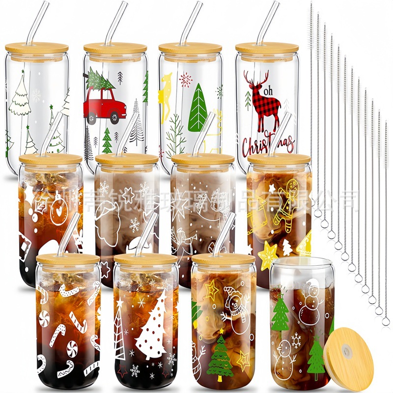 亚马逊16oz可乐杯玻璃杯套装耐热带盖吸管奶茶咖啡杯跨境专供水杯