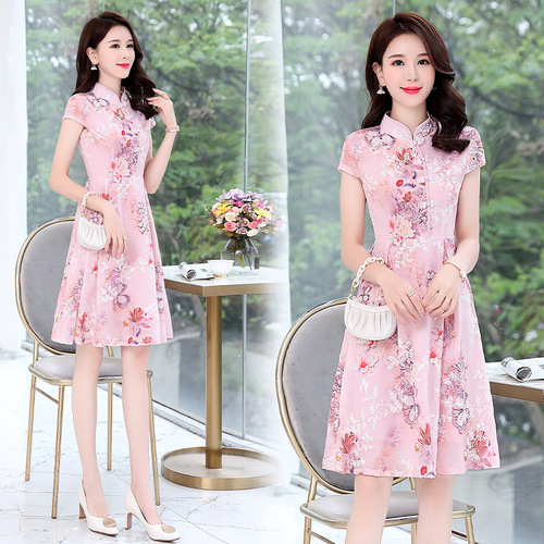 A word skirt Green pink flowers chinese dress retro oriental aodai qipao printed classical wind waist show thin cheongsam dress