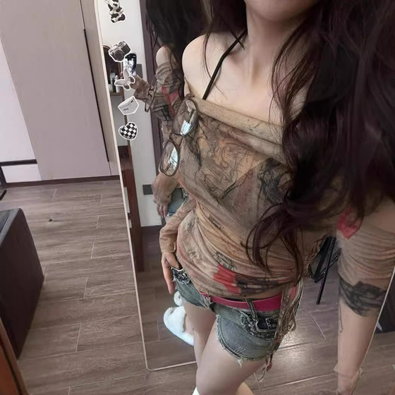 American Style Vintage Graffiti Spice Girls One-Shoulder Mesh Top Women's Summer Thin Long-Sleeved Sunscreen Blouse Slim-Fit Top