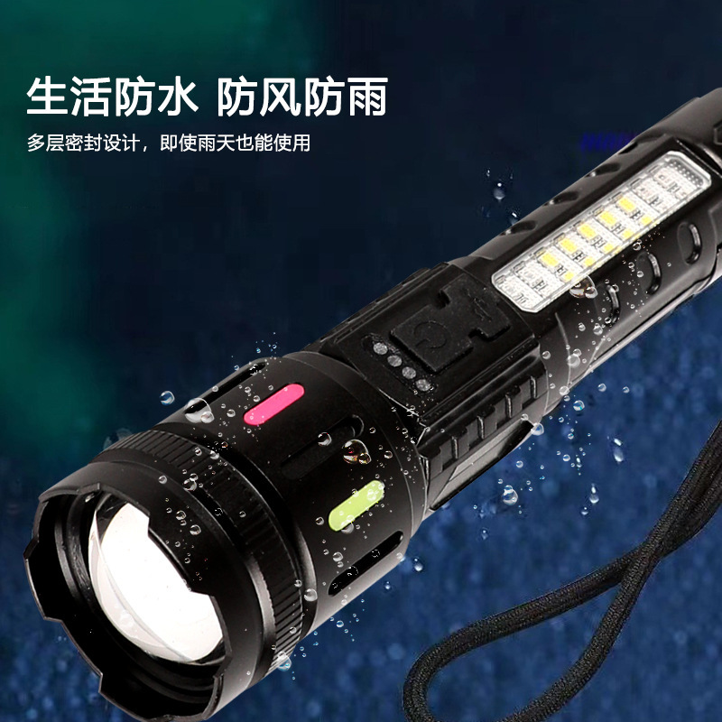 Cross-actualizado al aire libre noche pescando linterna láser blanca luz intensa larga duración de la lámpara lateral cob advertencia linterna de zoom fluorescente