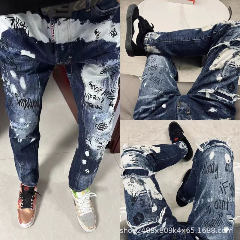 Popular D2 graffiti letter light luxury jeans, splatter-paint men's trendy brand, patched, ripped, slim-fit, fashionable, skinny, stretchy Popular D2 graffiti letter light luxury jeans, splatter-paint men's trendy brand, patched, ripped, slim-fit, fashionable, skinny, stretchy