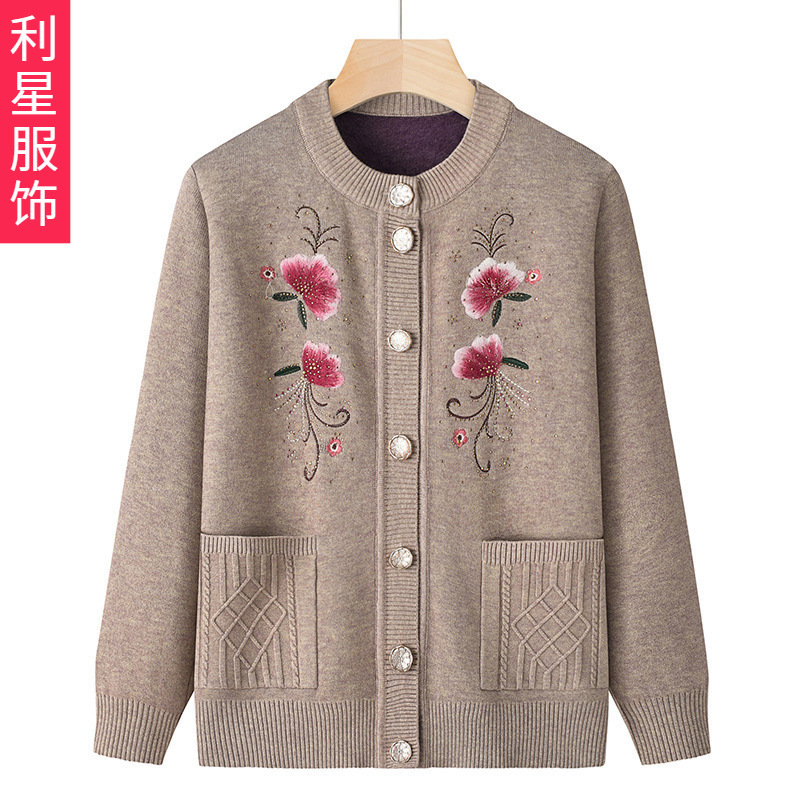 Middle-aged and elderly autumn and winter long-sleeved fleece-lined sweater embroidered mother thickened grandma wear spring clothes old lady knitted sweater
