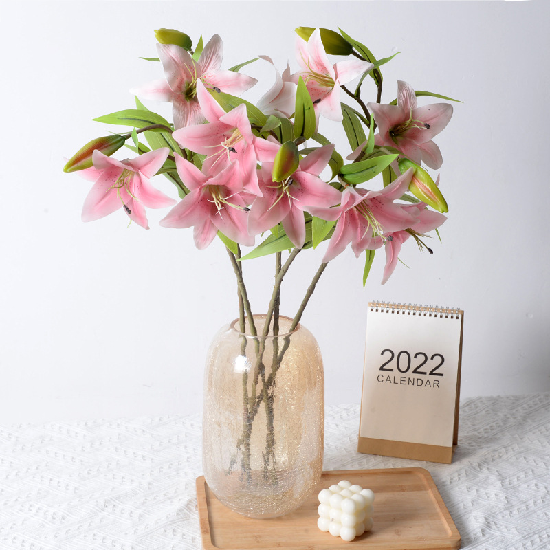 仿真花3頭膠片長枝百合小虎蘭手感高端家居裝飾擺件假花廠家批發