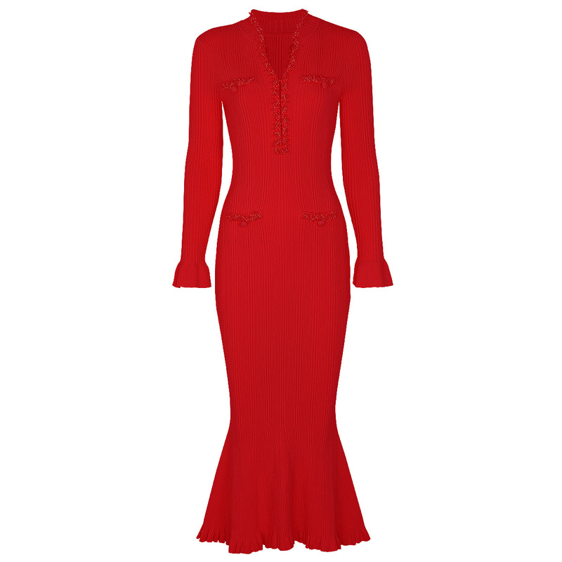 25200 Spot High-Quality Autumn and Winter New Fashion Knitted V Neck Slimming Look Beaded Fishtail Long-Sleeved Dress